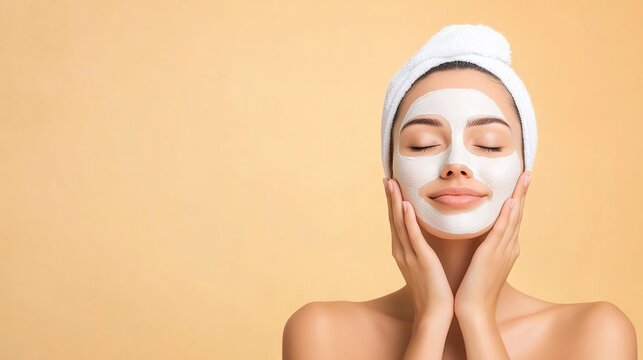 A woman with flawless skin applying a facial mask, glowing with health and beauty.