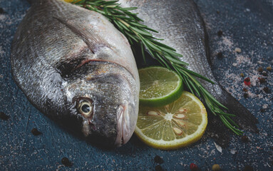 fresh, raw dorado fish, on a dark blue background, top view, two pieces, no people,