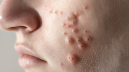 Closeup of a person's cheek with severe acne and visible pores. Detailed view of skin texture and blemishes