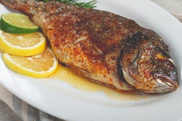 baked dorado fish, in the oven, fried dorado, with spices and herbs, on a white plate, top view, homemade, no people,
