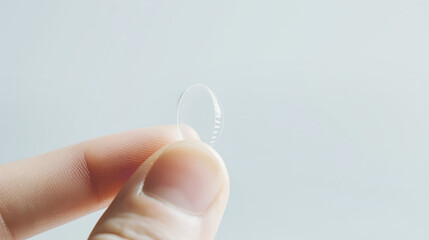 Macro shot of hand holding transparent contact lens, optical care concept