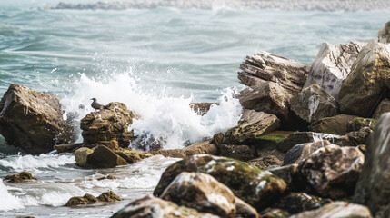 Obraz premium Waves crashing on rocky shore, creating dramatic coastal scene, bird perched on rock, ocean spray, nature power, crashing waves concept