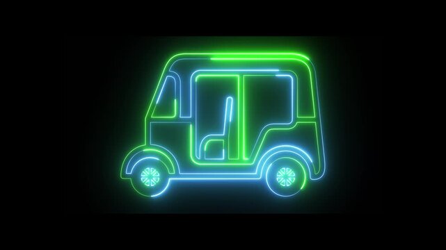 Glowing neon line Taxi tuk tuk icon isolated on black background. Indian auto rickshaw concept. Delhi auto. 4K Video motion graphic animation
