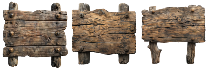 Set of rustic wooden signs with weathered texture, ideal for pointing directions or decorative purposes. transparent background