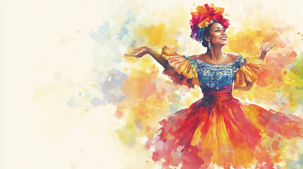 Latin american pretty young woman dancing wearing traditional folkloric dress. Independence day, cinco de mayo parade or cultural Festival. National Hispanic Heritage. Copy space, empty space for text