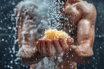 Male everyday hygiene. Unrecognizable man pouring shower gel on sponge while standing under falling water drops in bathroom, Generative AI