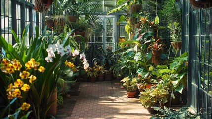 Fototapeta premium A vibrant greenhouse showcases a diverse array of tropical plants and colorful flowers, illuminated by the afternoon sun.