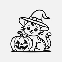 Cute Halloween Cat coloring page for kids. Cat In A Witch Hat Sitting On Halloween Pumpkin.