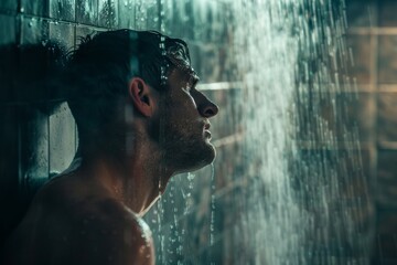 Man taking shower standing under steaming water washing body and relaxing in bathroom, leaning on wall. Everyday hygiene for men concept, Generative AI