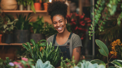 Cheerful flower arranger takes care of a plant in her shop