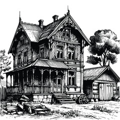 hand drawn old house illustration. engraving black and white house vintage vector illustration isolated on white background