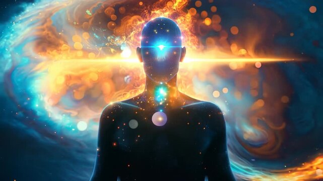 Silhouette of man with glowing chakras in cosmic space, spiritual awakening and consciousness expansion animation