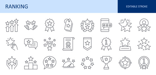 Vector icons ranking. Badge of high quality products, prize in competition, first place. Success in achieving goal, winner. Certificate of quality, approval from customers. Editable stroke line set.
