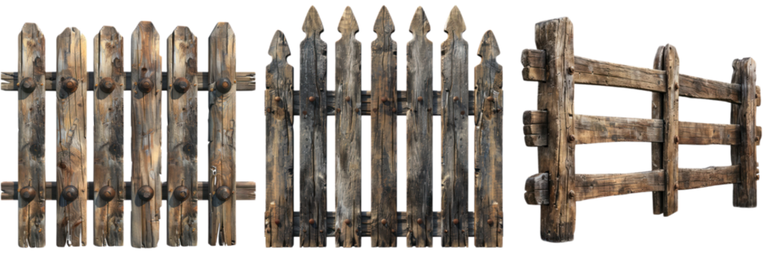 Set of rustic wooden fences showcasing different styles and textures, perfect for rural or countryside themes in photography. transparent background