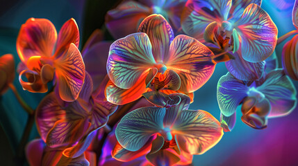 Close-up of a bouquet of orchids with abstract, exotic shapes and vibrant hues