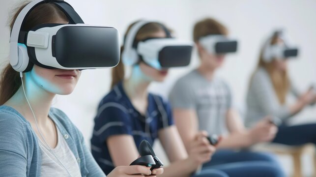 Virtual reality gaming tournament, players with headsets.