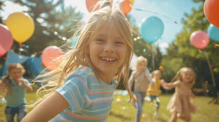 Blondes M&auml;dchen bei Geburtstagsparty mit Luftballons