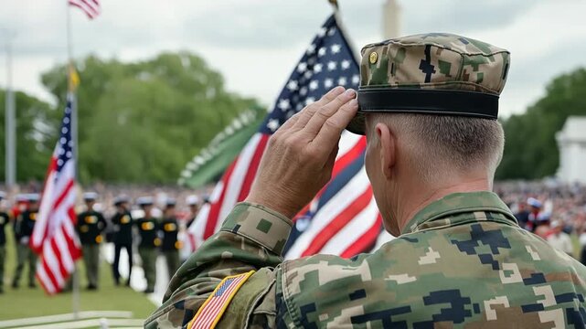 American soldier saluting US flag at patriotic military ceremony, Memorial Day or Veterans Day event