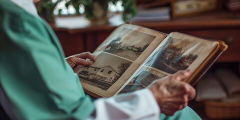 A woman is reading an old photo album. The album is filled with pictures of buildings and houses. The woman is holding the album in her hands and she is enjoying the memories captured in the photos