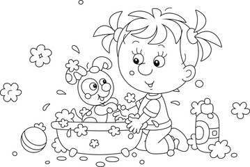 Little girl washing her merry puppy in a bubble bath, black and white outline vector cartoon illustration for a coloring book
