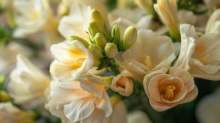 Fototapeta premium Close-up of a bouquet of freesia with abstract, delicate blooms and sweet fragrances