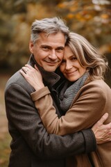 Fototapeta premium A man and woman are hugging each other in a park. The man is wearing a ring on his finger