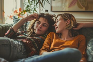 Calm relaxed mom and teen daughter resting on couch hands over head, mother chilling with teenage girl looking and smiling at each other, Generative AI