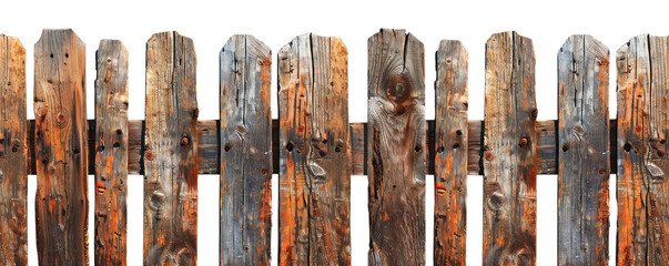 An aged wooden fence showcasing natural textures and rustic charm, perfect for enhancing outdoor, country, or farm-themed designs. transparent background