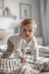 Fototapeta premium A baby is crawling on a bed with a blanket. The baby is wearing a white shirt and pants