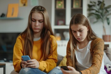 Mother taking away smartphone from her angry teenage daughter because it distracting her from studying, girl using cellphone too much, Generative AI