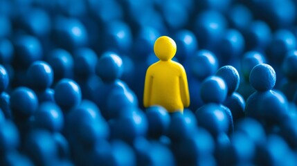 Fototapeta premium Yellow figure distinct among blue crowd for HR business strategy and organizational psychology