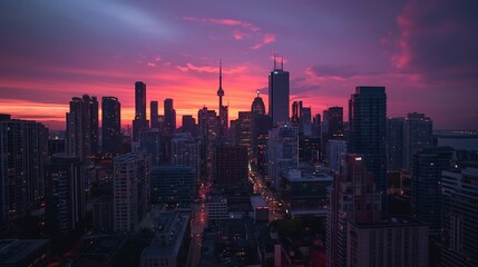 Obraz premium City skyline at sunset pink and purple clouds. Generative AI.