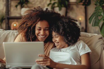 Joyful European woman enjoying spare time with daughter, laughing together while using laptop, surfing internet or watching film together on sofa at, Generative AI