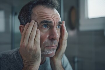 Dull skin. Middle aged man looking at mirror in bathroom and touching face, having dark circles under eyes, unhappy with his look, Generative AI