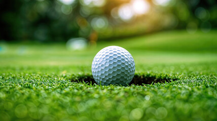 Naklejka premium A golf ball is going into the hole of a green on a golf course. Concept of success and satisfaction