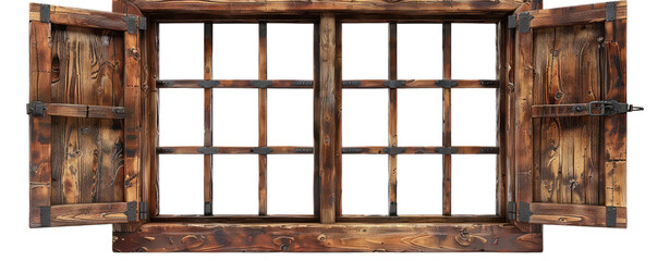Rustic wooden window with open shutters, showcasing a charming vintage design and intricate grid pattern, ideal for any decor. transparent background