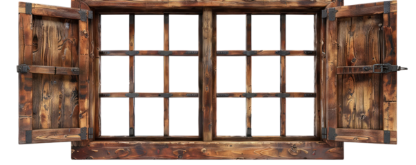 Rustic wooden window with open shutters, showcasing a charming vintage design and intricate grid pattern, ideal for any decor. transparent background