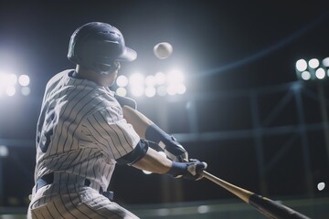 Close-Up of Baseball Player Hitting Ball in Stadium at Night, Action Photo