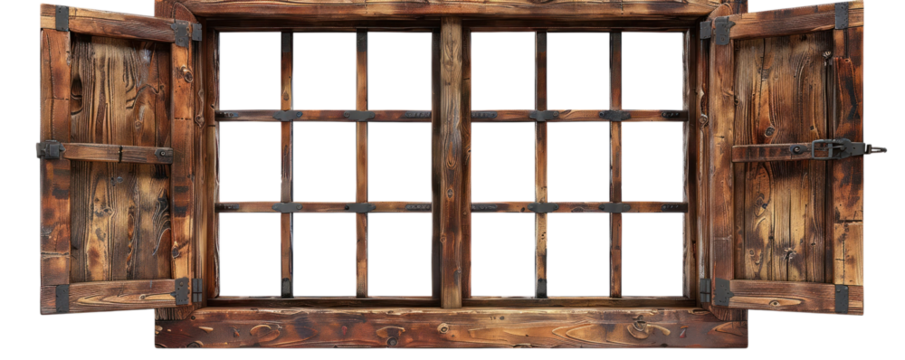 Rustic wooden window with open shutters, showcasing a charming vintage design and intricate grid pattern, ideal for any decor. transparent background