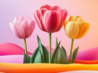 Fototapeta premium Colorful tulips blooming against a soft gradient background in spring