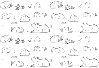 Capybara coloring page seamless pattern. Cartoon cute drawing capy fashion print for kids isolated. Black ink sketch hand drawn vector illustration