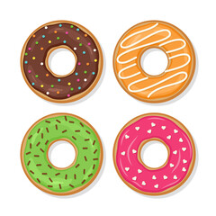 Donuts with glaze and glossy icing set. Top view of birthday pastry. Sweet doughnuts. Confectionery dessert isolated on white background. Flat cartoon design. Vector illustration.