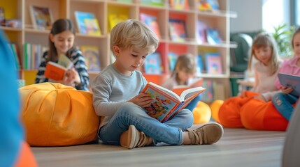Children Reading Books on Cozy Bean Bags in a Bright and Colorful Library