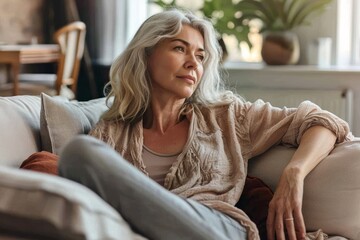 Happy relaxed senior woman resting sitting on couch at home, elderly lady feeling peace of mind enjoying lounge on sofa and thinking, Generative AI