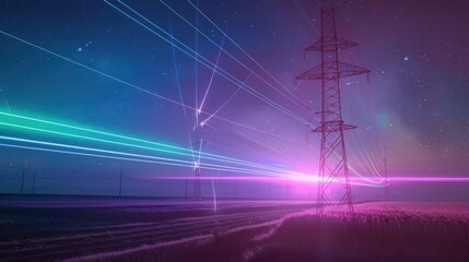 Night Field with Power Lines and Neon Lights