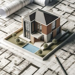 A model of a house with a blue roof and a house plan on the top
