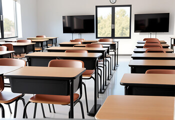 classroom furniture featuring school desks chairs isolated white background
