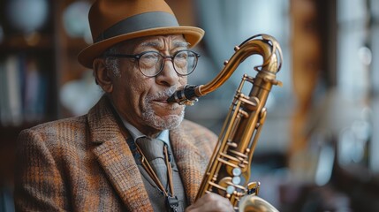 An individual skillfully playing the saxophone indoors, dressed in classic attire with a brown hat...