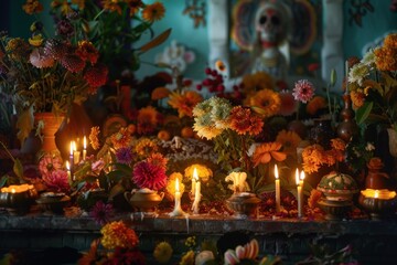 Fototapeta premium An Altar Decorated with Flowers and Candles for D?a de Muertos