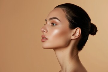 Beauty profile shot of European lady with healthy glowing skin natural makeup, posing isolated on beige background, side view, Generative AI